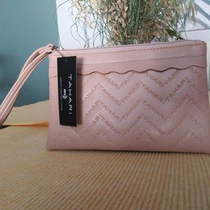 Tahari Top Zip Logo Tan Wristlet Valet RFID